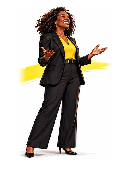 Illustration of a woman in a black suit and yellow top with open arms, speaking with confidence