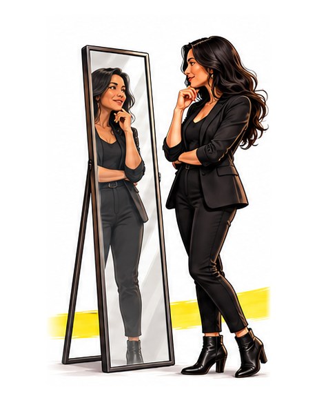 Illustration of a woman in black studying her reflection in a full-length mirror