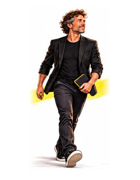 Illustration of a man in a black jacket walking forward with a notebook under his arm