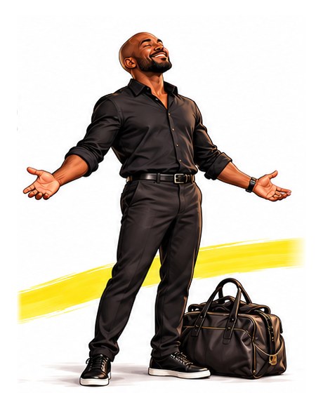 Illustration of a man in black with open arms and his head tilted back, a bag set down beside him